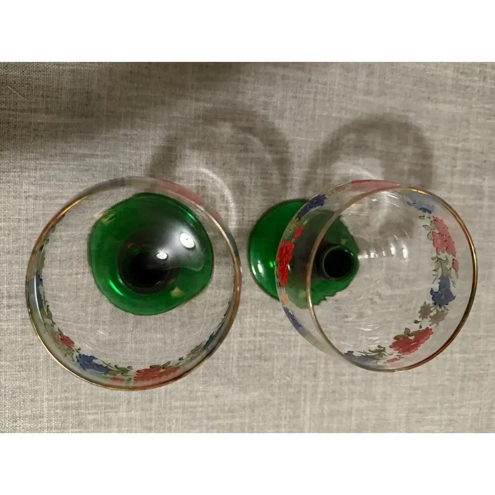 Vintage Hand-Painted Floral Goblets Green Stem Gold Rim Set of 2 – 5.5